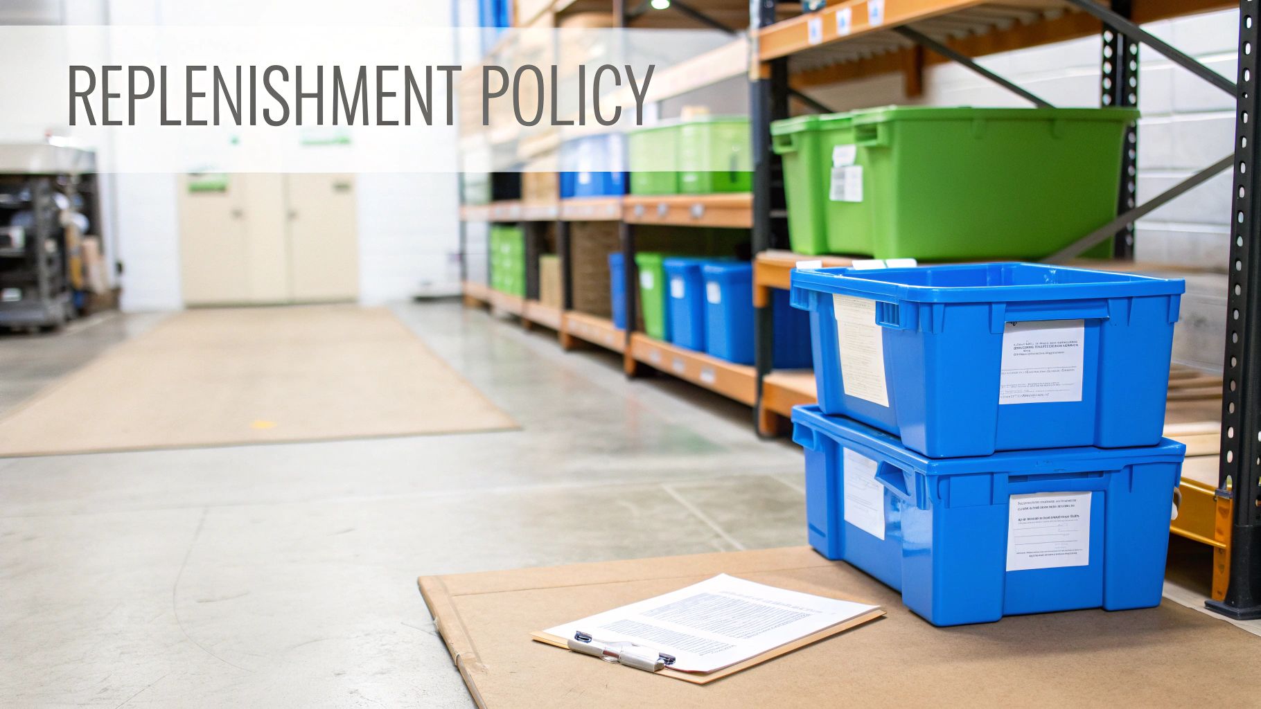 Warehouse with shelves of green and blue storage bins, a document, and a 'REPLENISHMENT POLICY' sign.