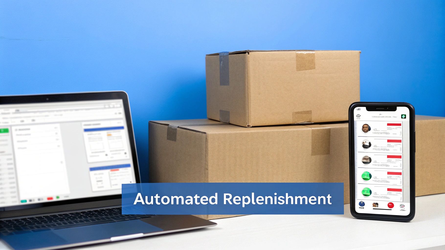 Laptop and smartphone display automated replenishment software next to stacked shipping boxes against a blue wall.
