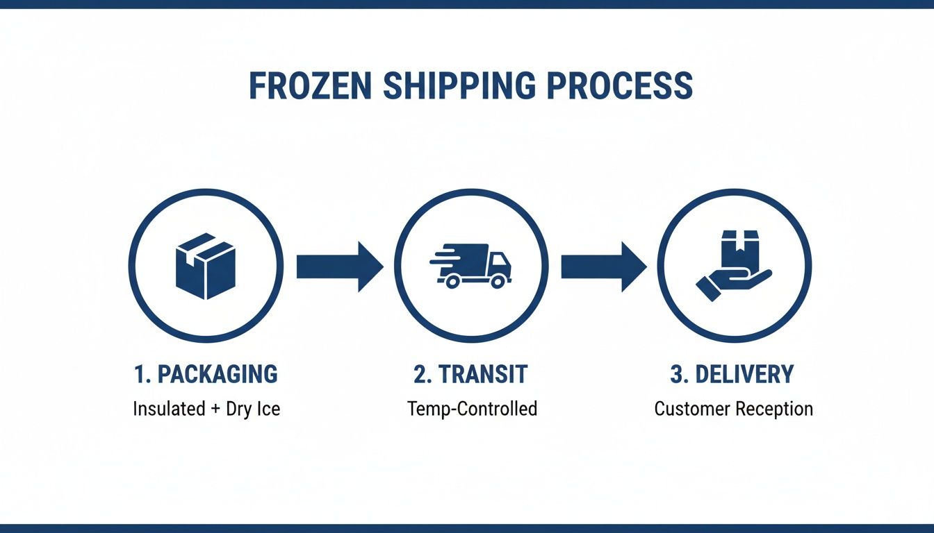 Diagram showing the three-step frozen shipping process: packaging, transit, and delivery.