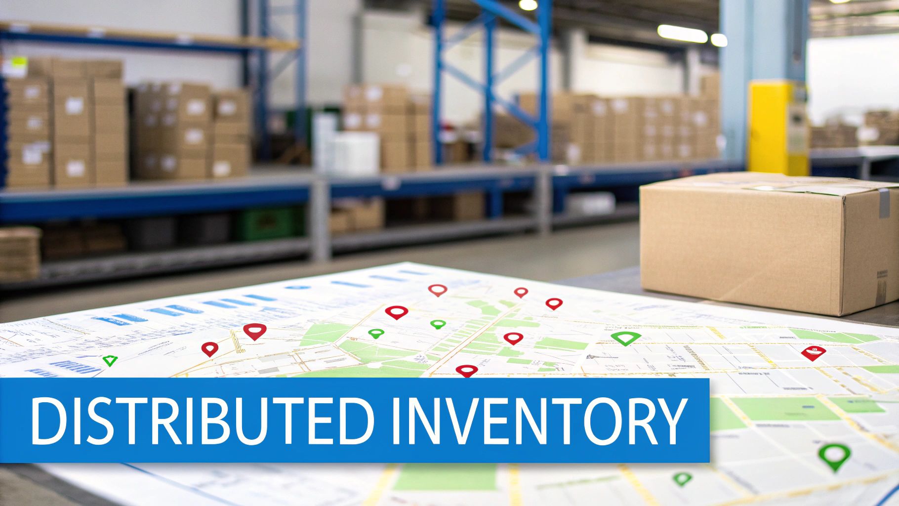 A map with location pins, a cardboard box, and a warehouse, illustrating distributed inventory.