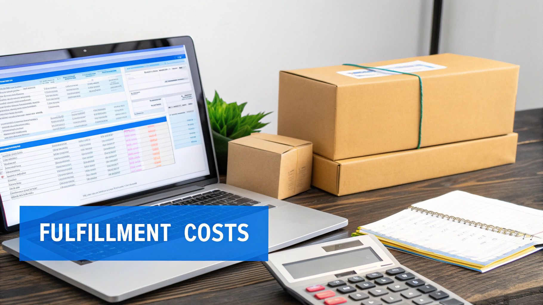 A desk with a laptop displaying logistics data, cardboard boxes, a calculator, and a notebook, highlighting fulfillment costs.