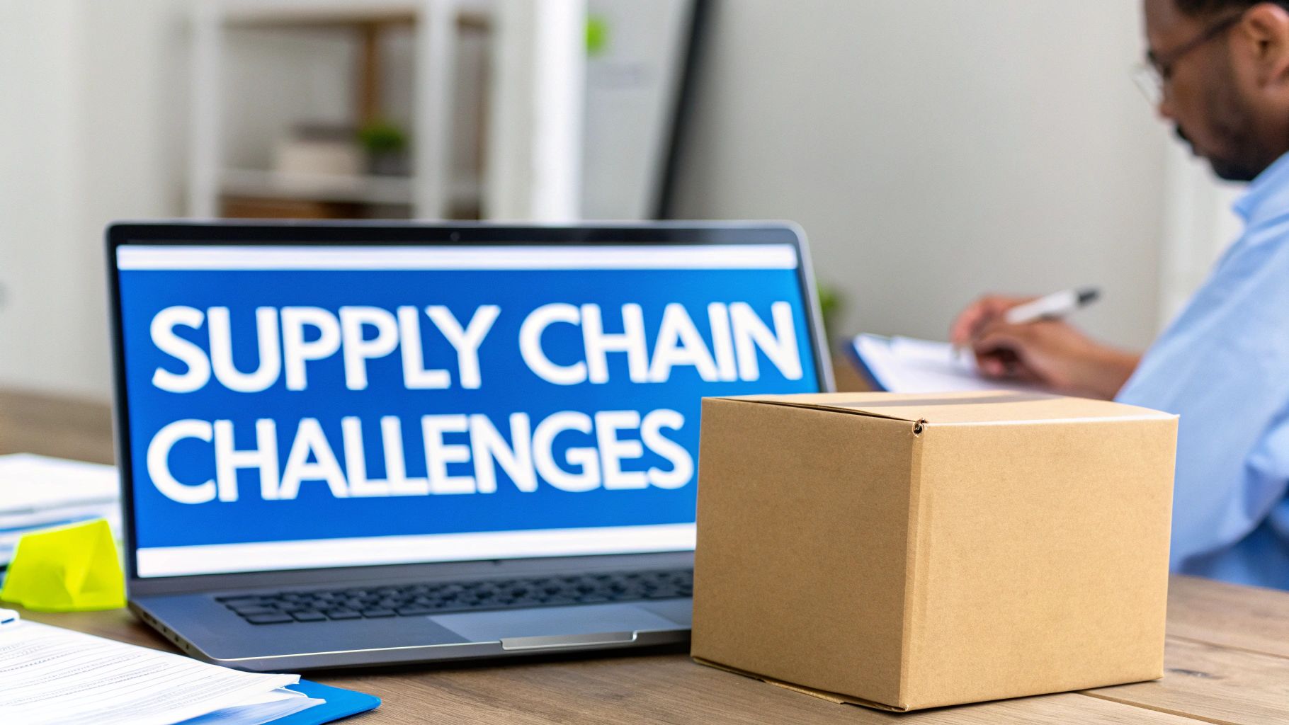 Laptop screen displaying 'SUPPLY CHAIN CHALLENGES' next to a brown cardboard box.
