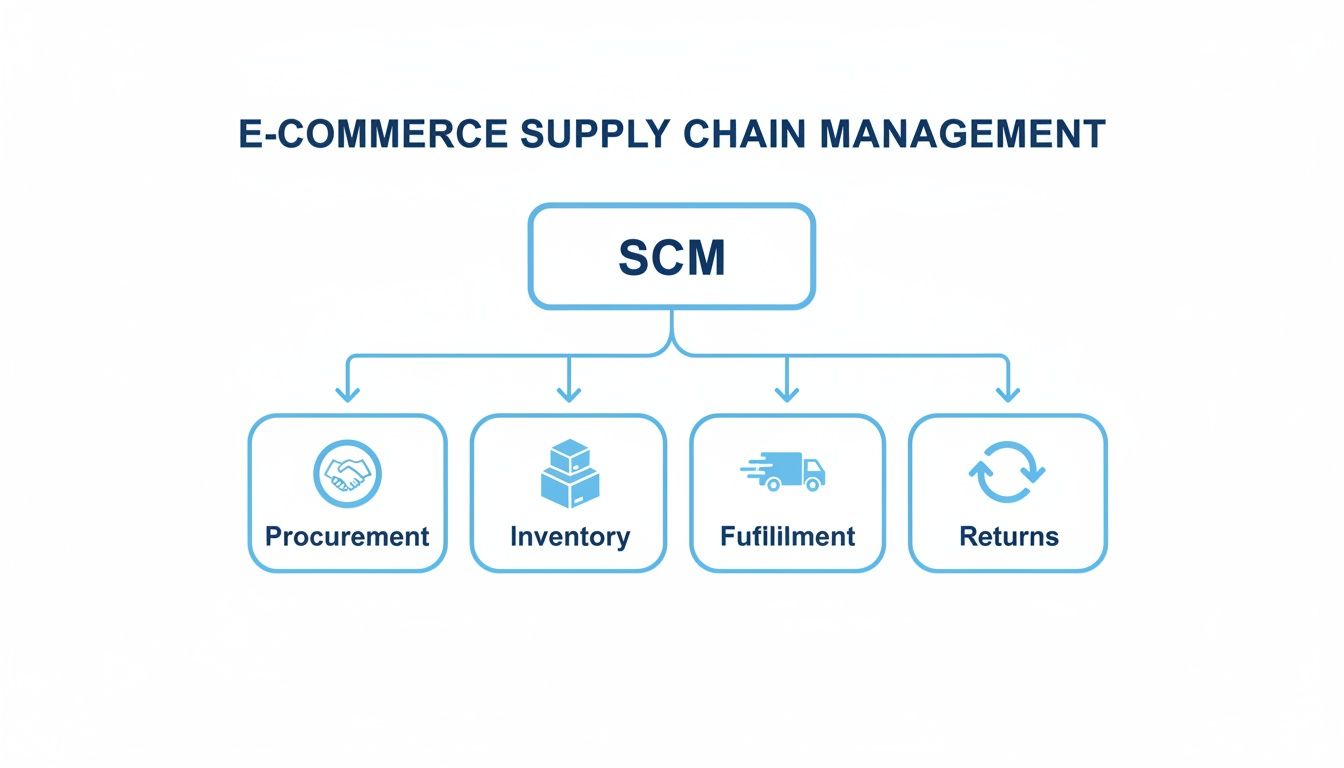 An E-commerce Supply Chain Management diagram showing SCM components: Procurement, Inventory, Fulfillment, and Returns.