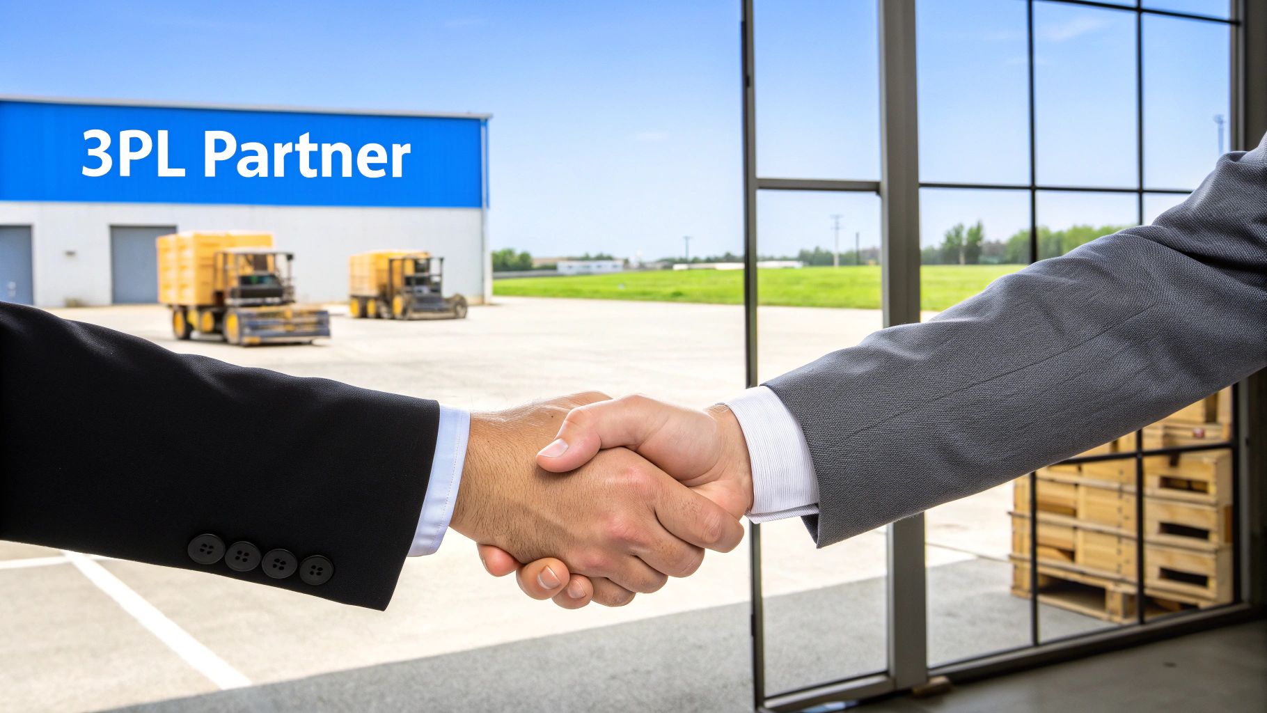 Professional handshake between two partners with a '3PL Partner' building in the background.