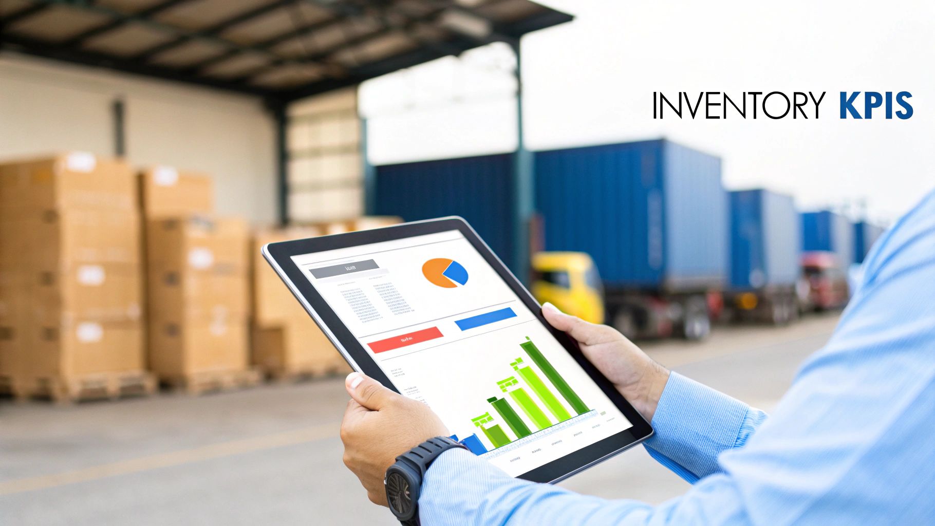 A person holds a tablet showing inventory KPIs and charts in a busy warehouse and logistics setting.