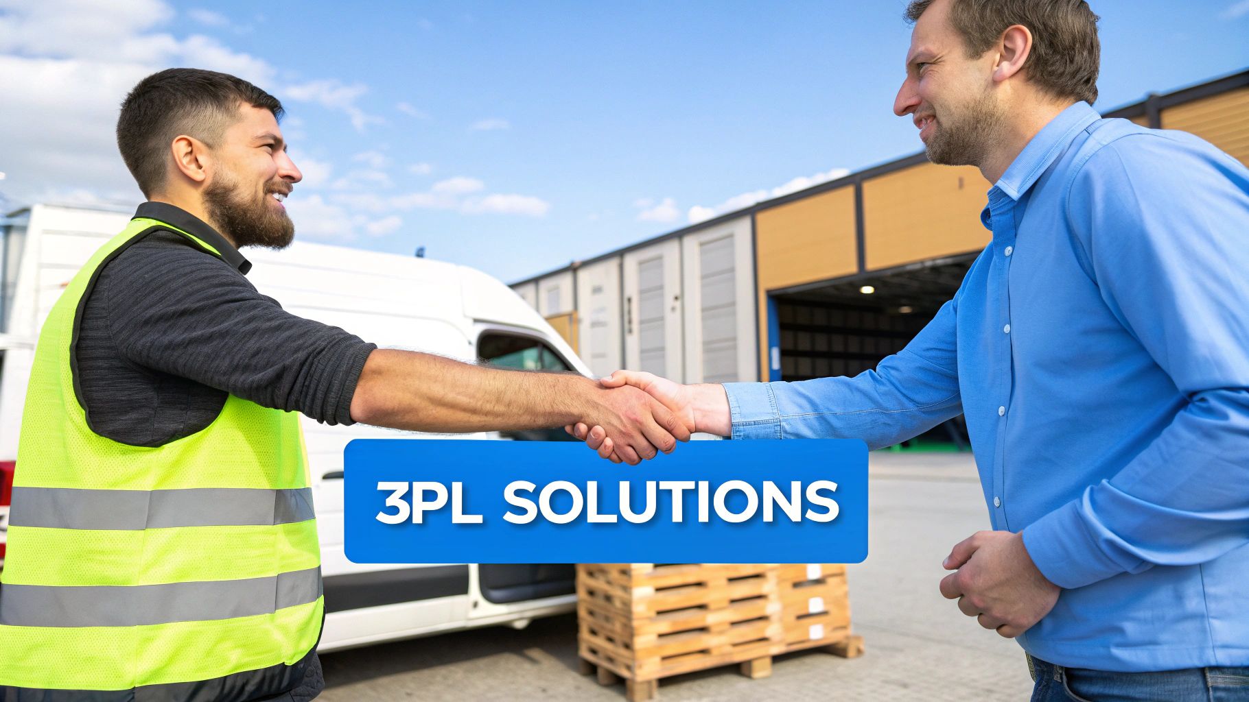 Two smiling men shake hands in front of a logistics warehouse, featuring '3PL SOLUTIONS' text.
