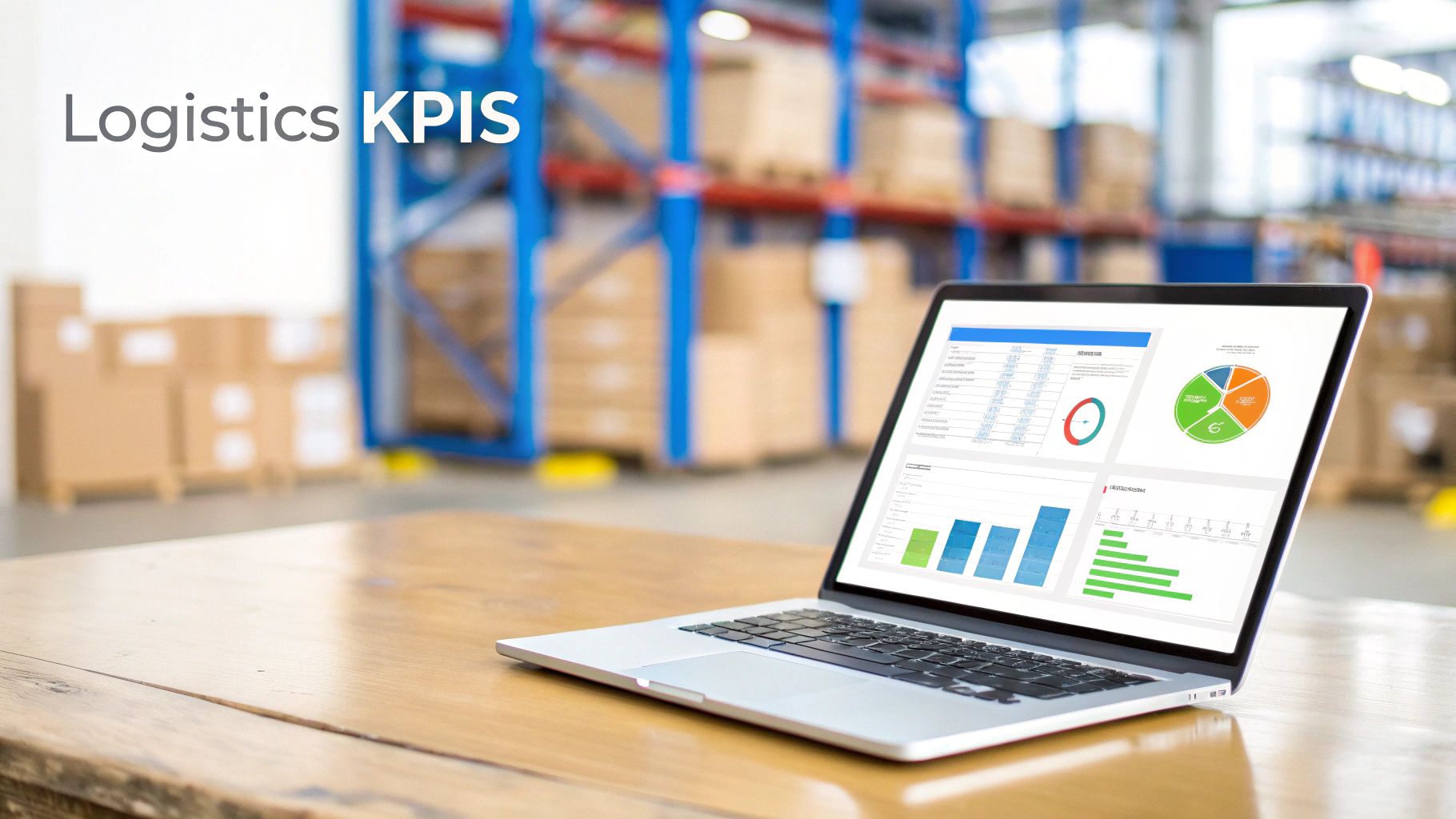 Laptop displaying a logistics KPIs dashboard with charts and data, in a blurred warehouse setting.