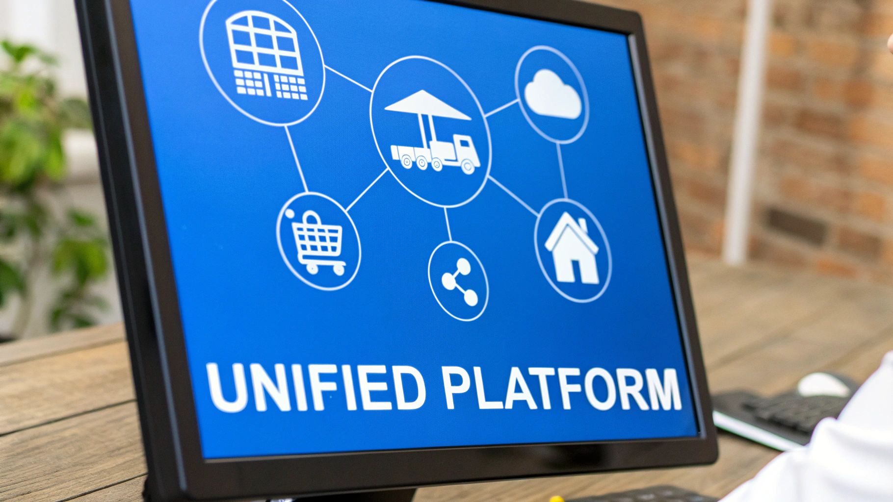 A computer monitor displays a unified platform concept with interconnected icons for various services.