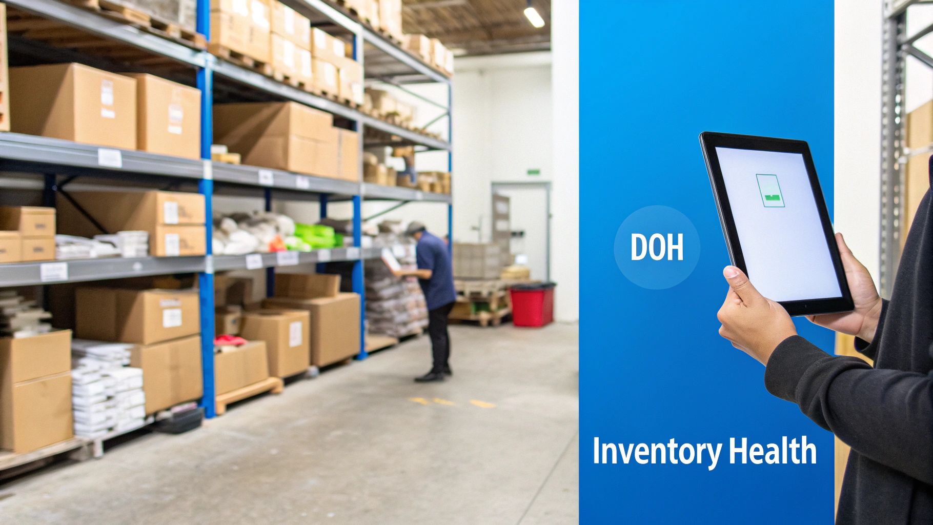 A person in a warehouse checking inventory on a tablet, with 'DOH Inventory Health' displayed.