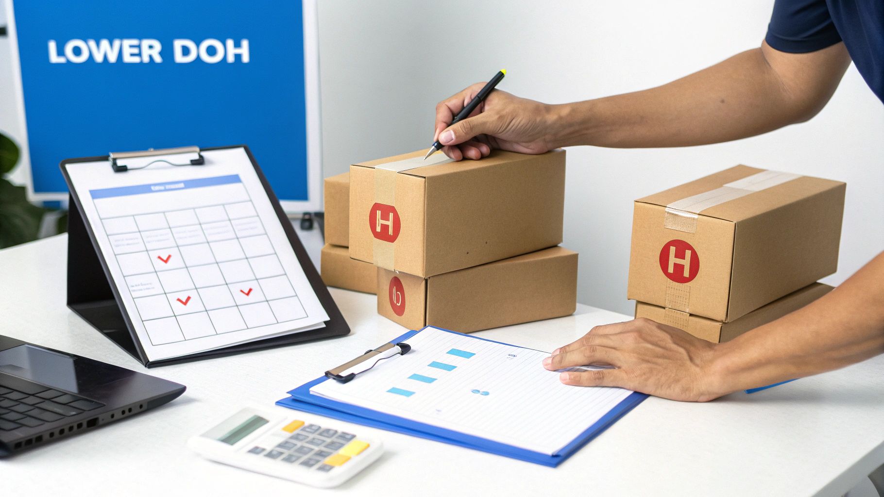 A person's hands marking a cardboard package labeled with 'H' while managing inventory documents.