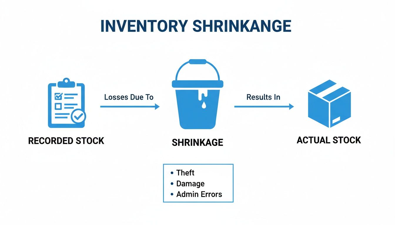 Infographic explaining inventory shrinkage, showing losses due to theft, damage, and admin errors.