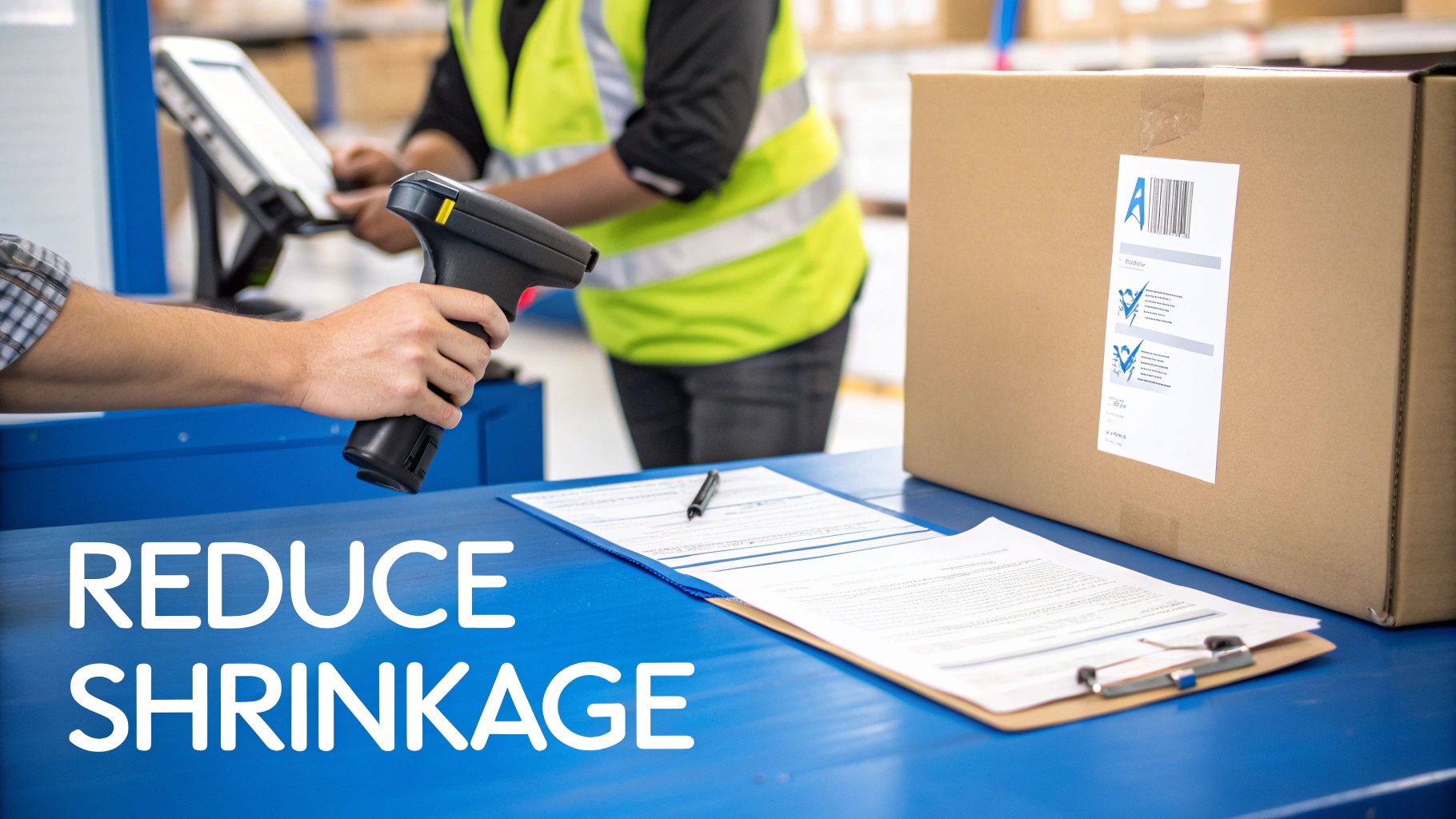 Workers scan packages in a warehouse, managing inventory and preventing shrinkage.