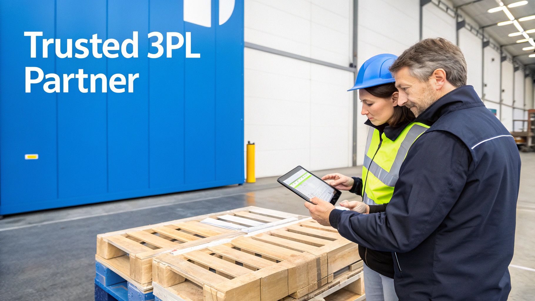 Two logistics professionals review data on a tablet in a warehouse, with pallets and "Trusted 3PL Partner" text.