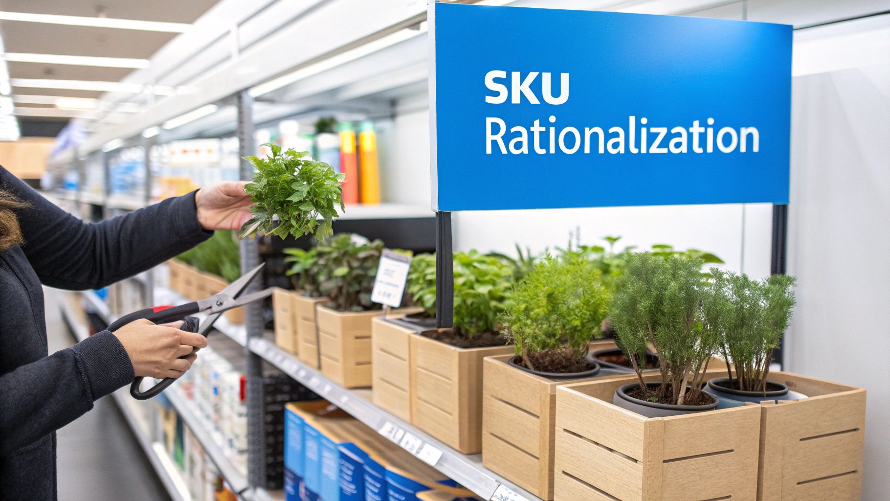 A person trims a small plant with scissors under a "SKU Rationalization" sign in a store aisle.