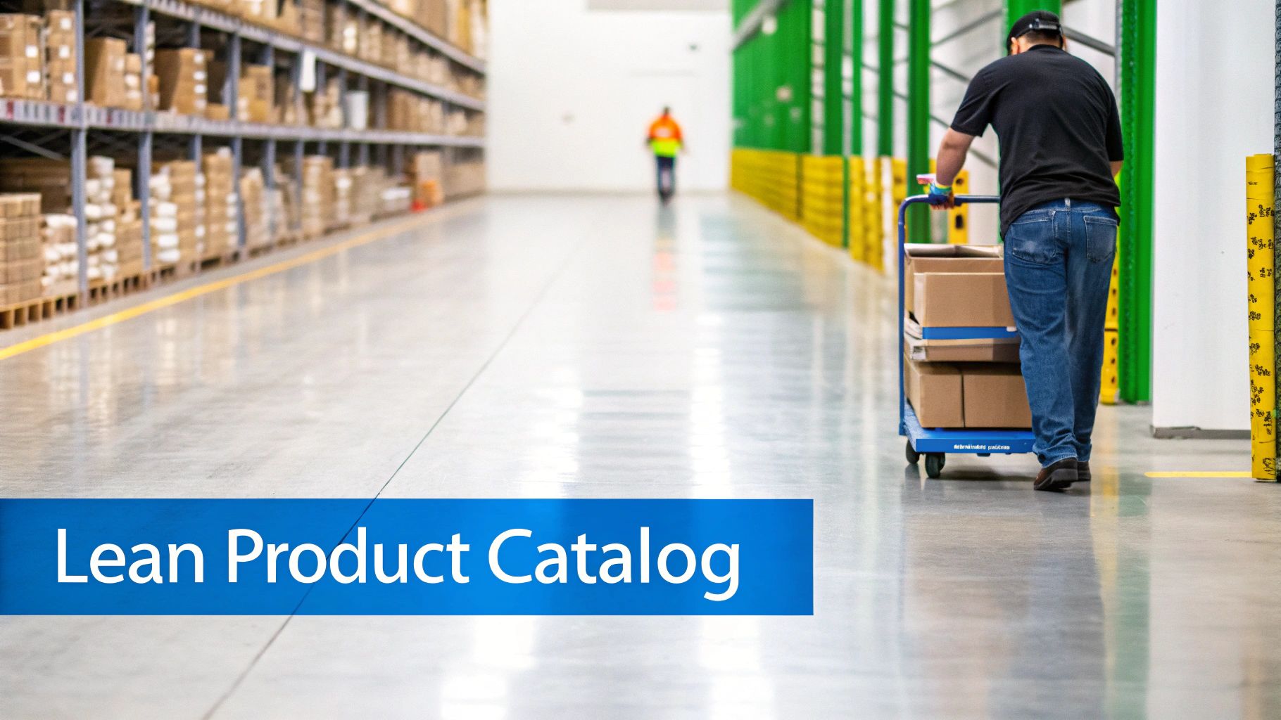 A person pushes a blue cart with boxes through a vast warehouse aisle. Text: Lean Product Catalog.