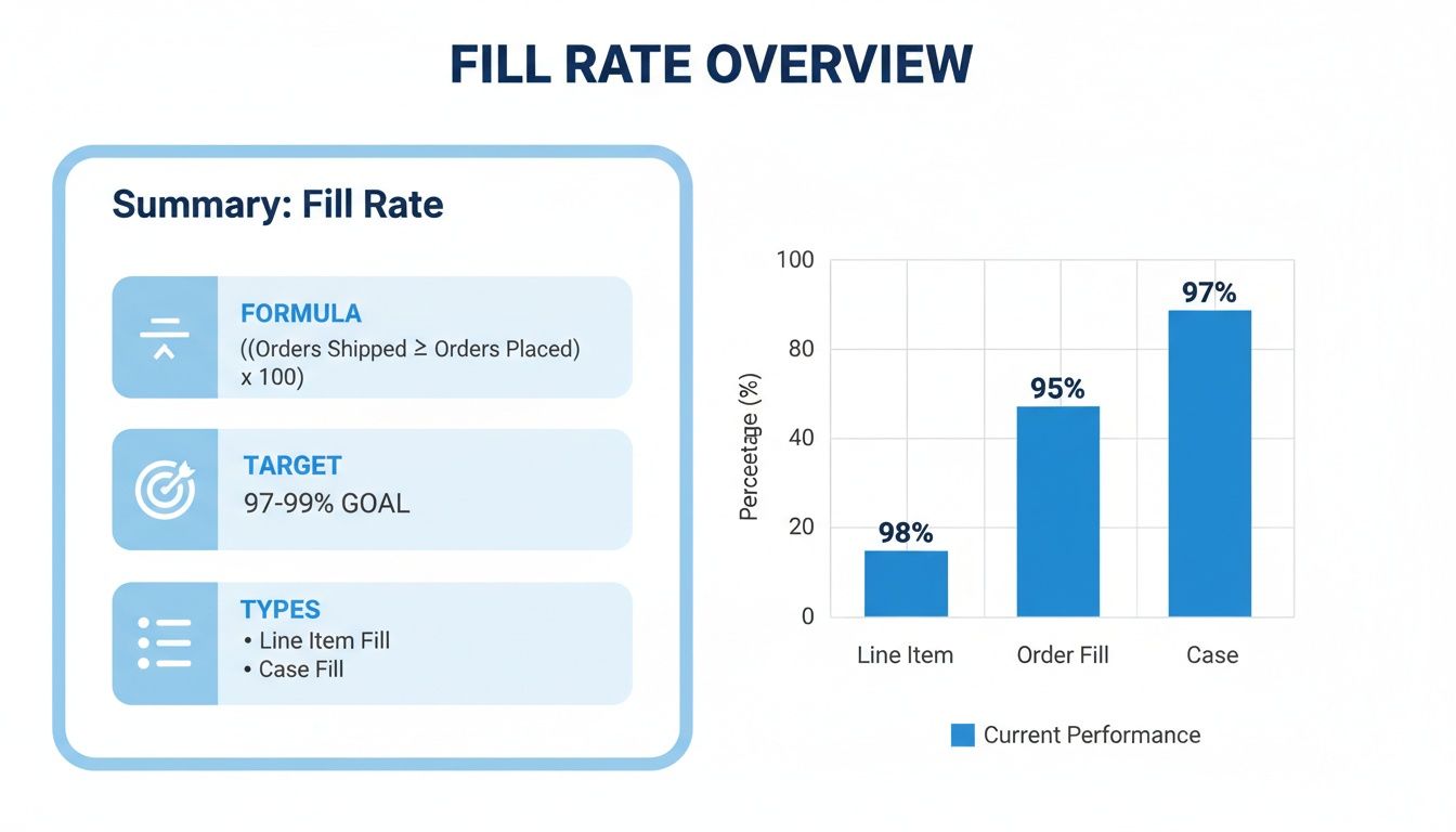 Fill rate overview with definition, target, types, and a bar chart showing current performance percentages.