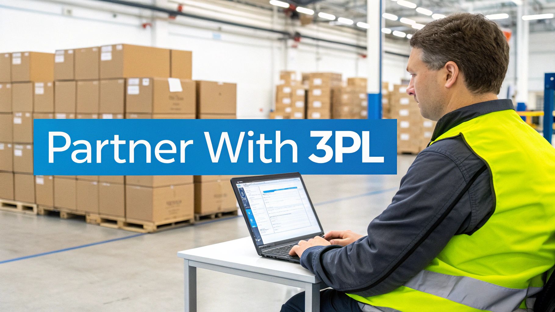 Man in a high-visibility vest uses a laptop in a warehouse with 'Partner With 3PL' text.