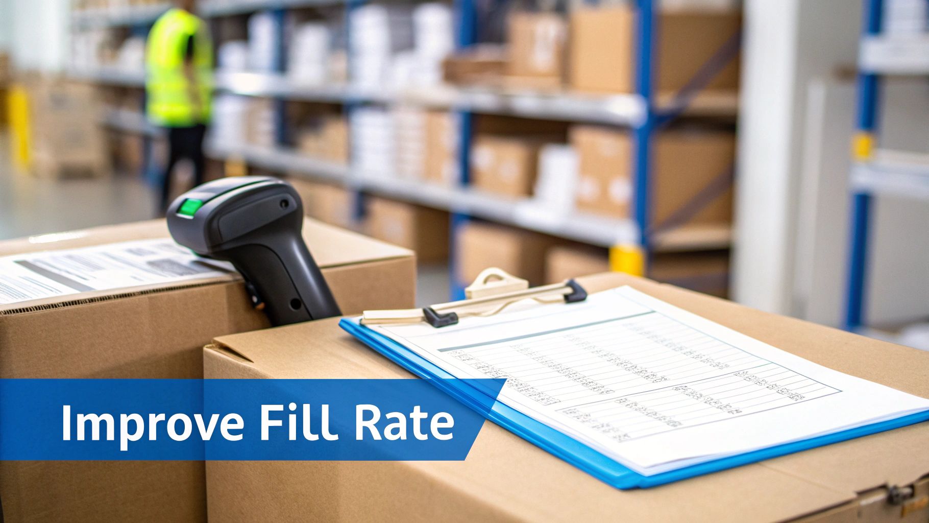 A barcode scanner and clipboard on cardboard boxes in a warehouse, symbolizing efficient inventory management.