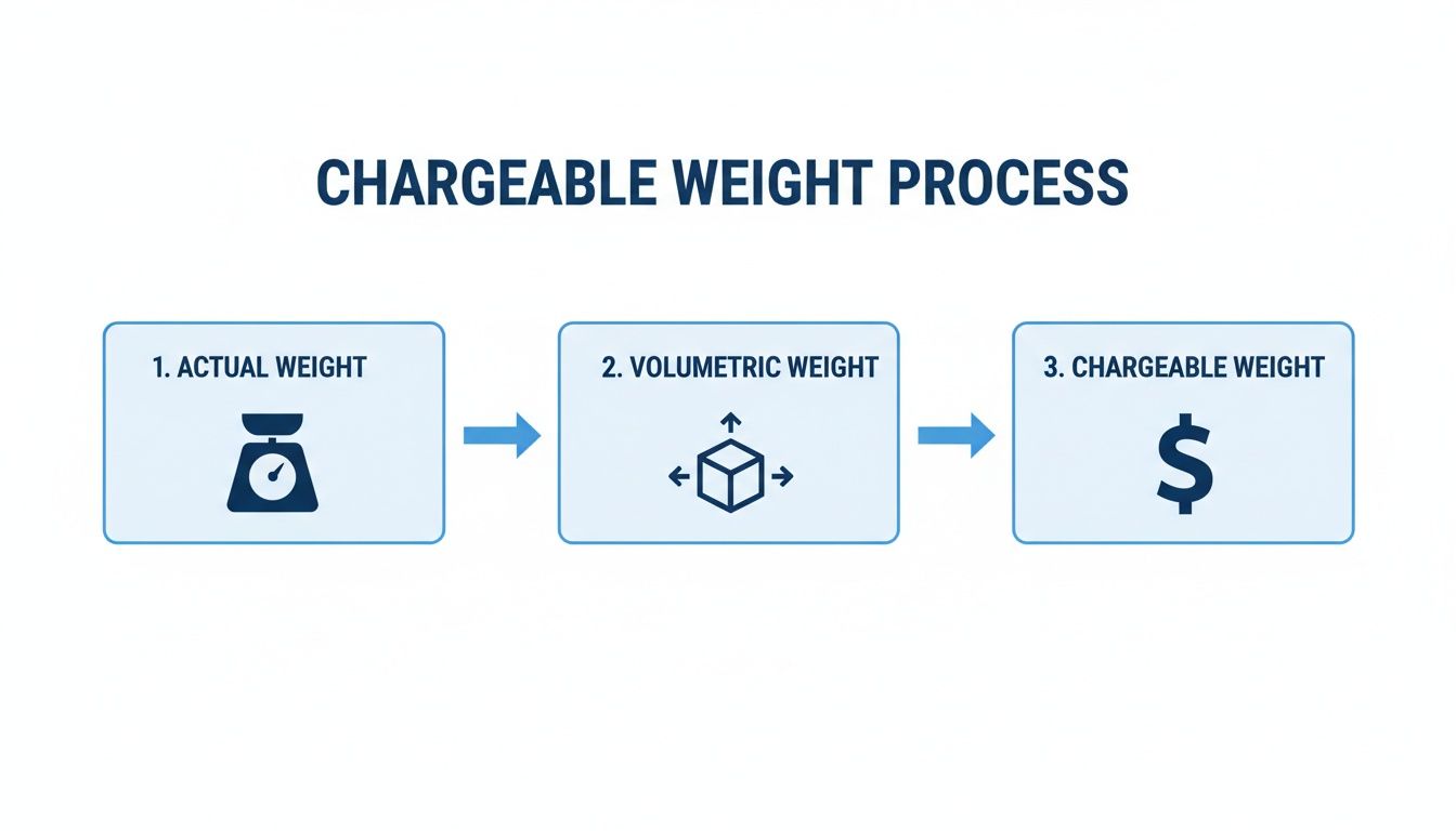 Flowchart illustrating the chargeable weight process, moving from actual weight to volumetric weight, then to the final chargeable weight calculation.