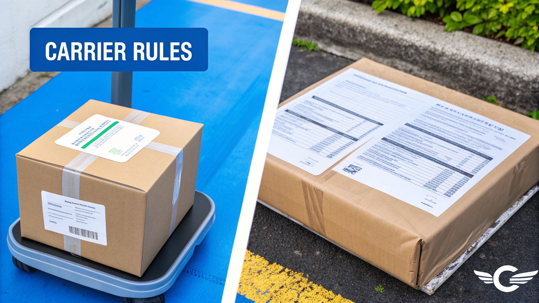Two brown shipping packages, one on a scale and another on the ground, with a 'CARRIER RULES' banner.