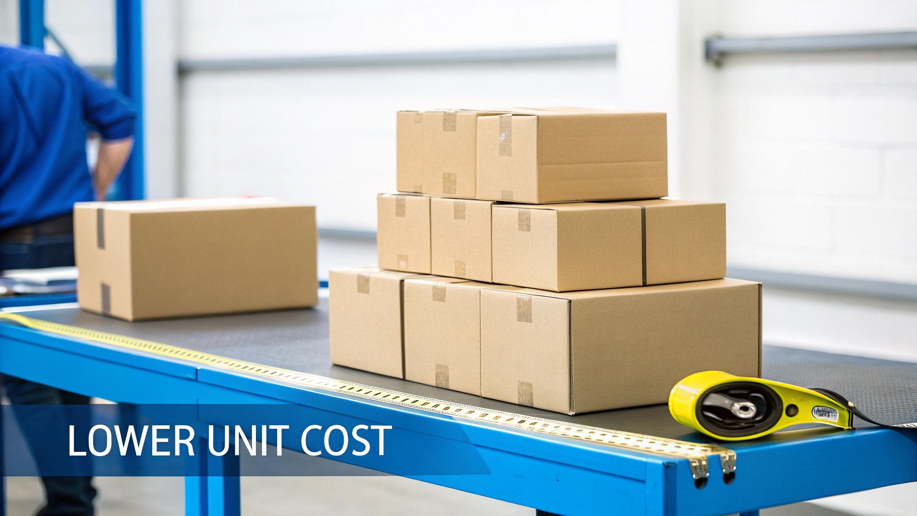 A worker in a blue shirt stands by a table with stacked cardboard boxes and a measuring tape.