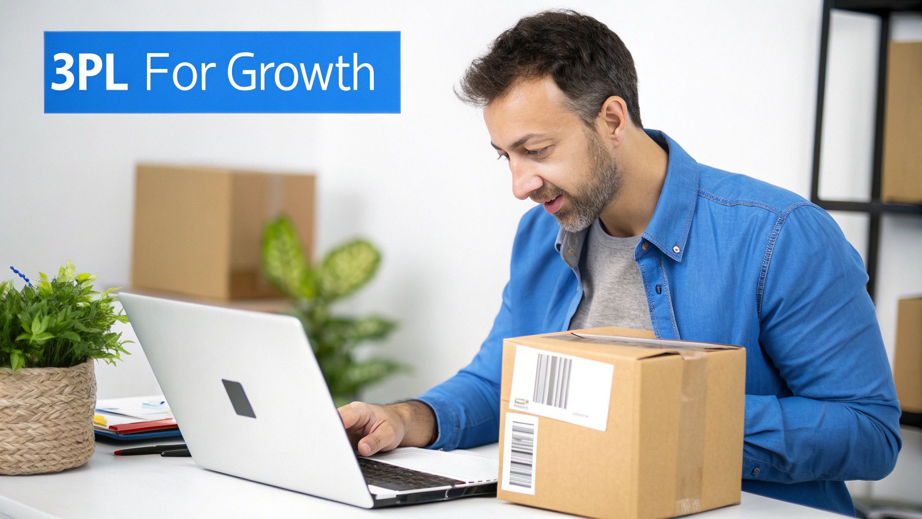 A man smiles while working on a laptop next to a shipping box, with '3PL For Growth' visible.