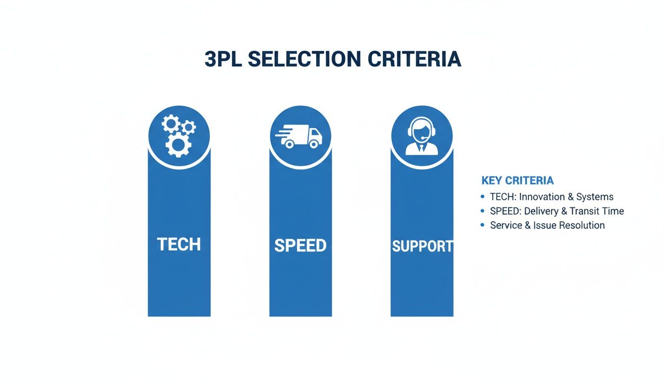 A diagram illustrating three key 3PL selection criteria: technology, speed, and support.