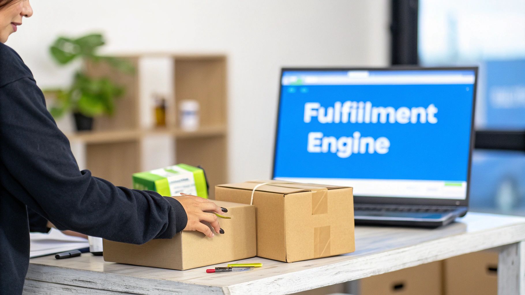 Person's hands packaging brown boxes on a desk, with a laptop showing 'Fulfillment Engine' for e-commerce.