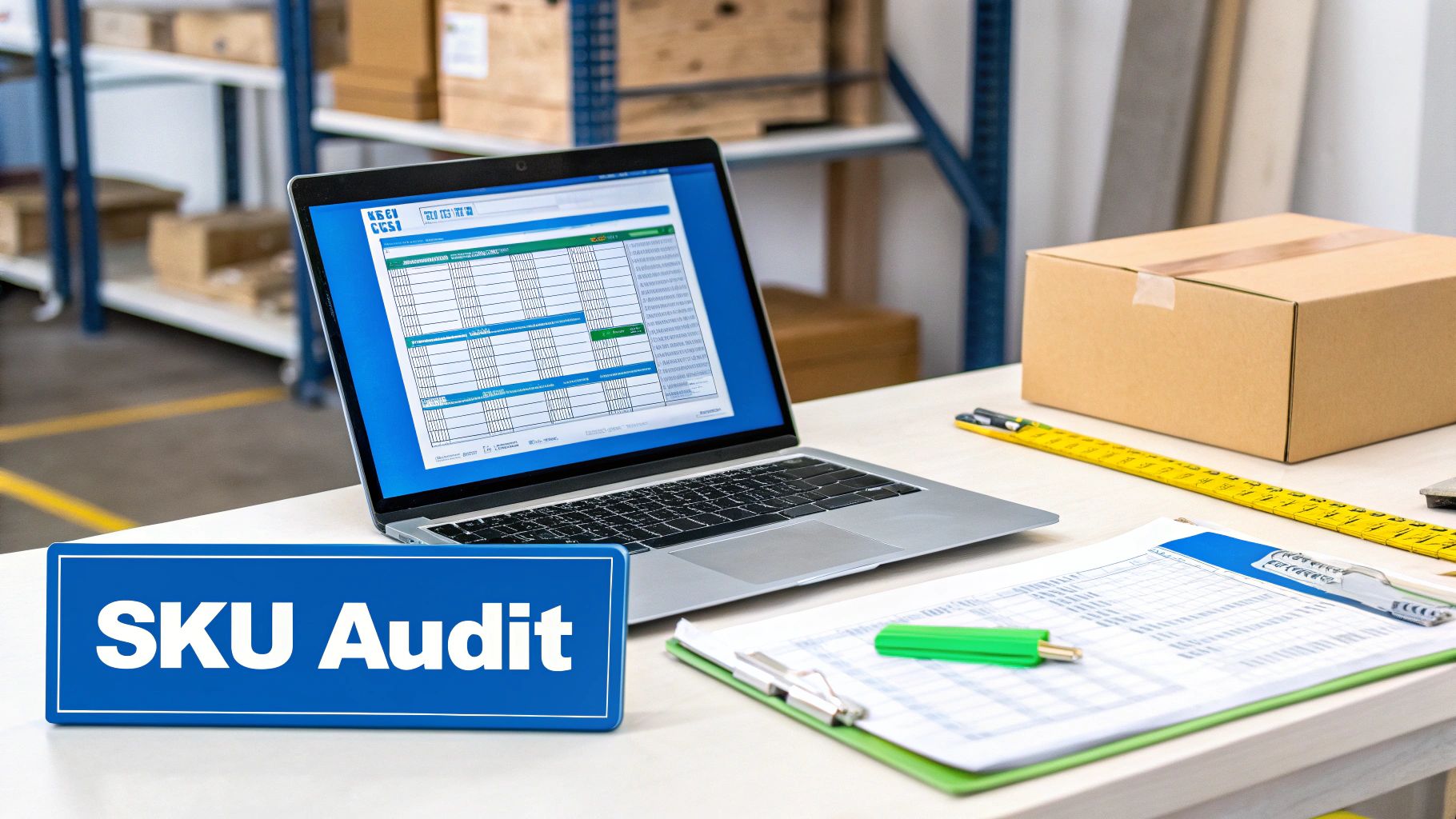 Warehouse desk with a laptop displaying an inventory spreadsheet and a 'SKU Audit' sign.