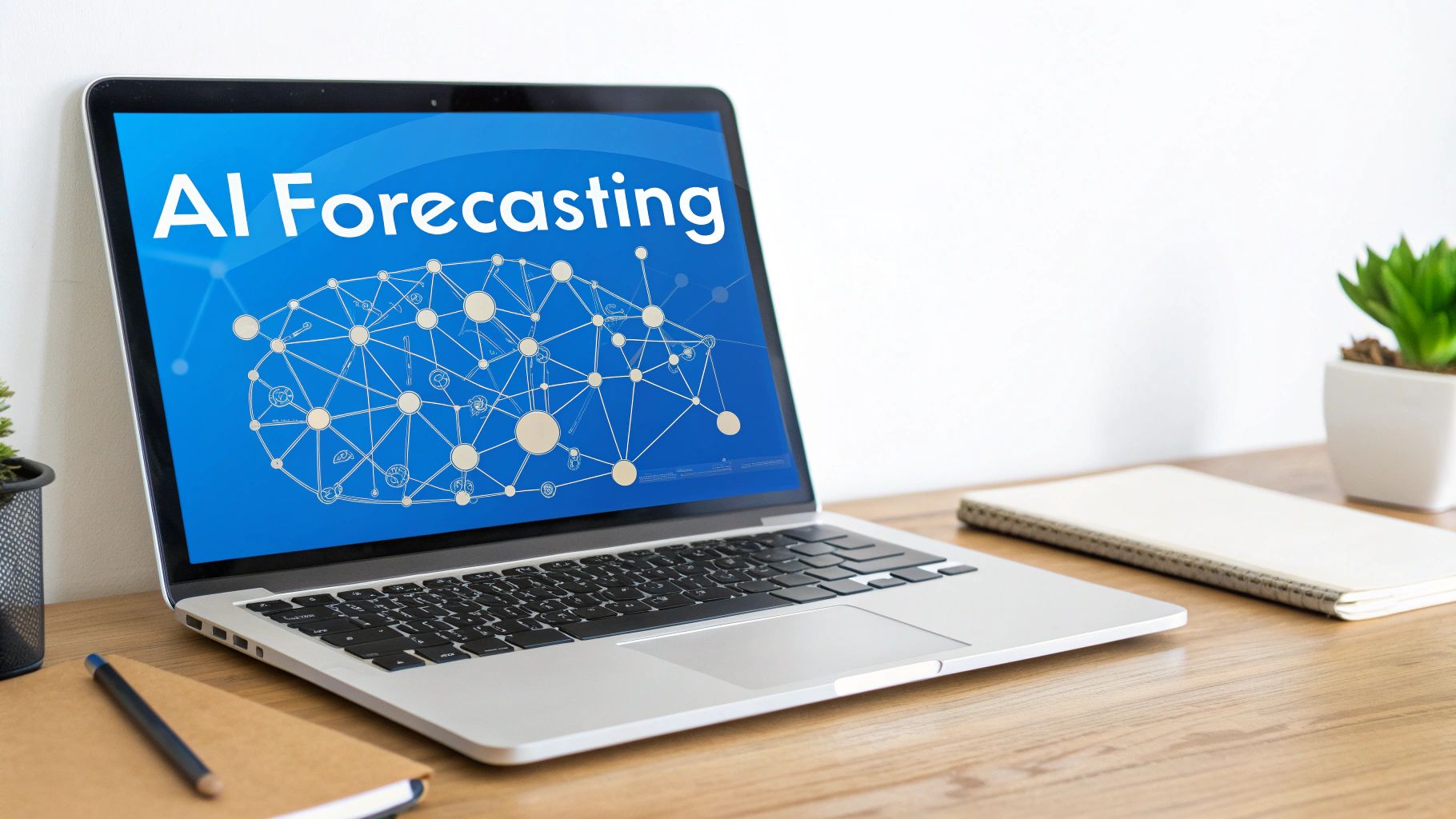 A silver laptop displays "AI Forecasting" and a network diagram on a wooden desk.