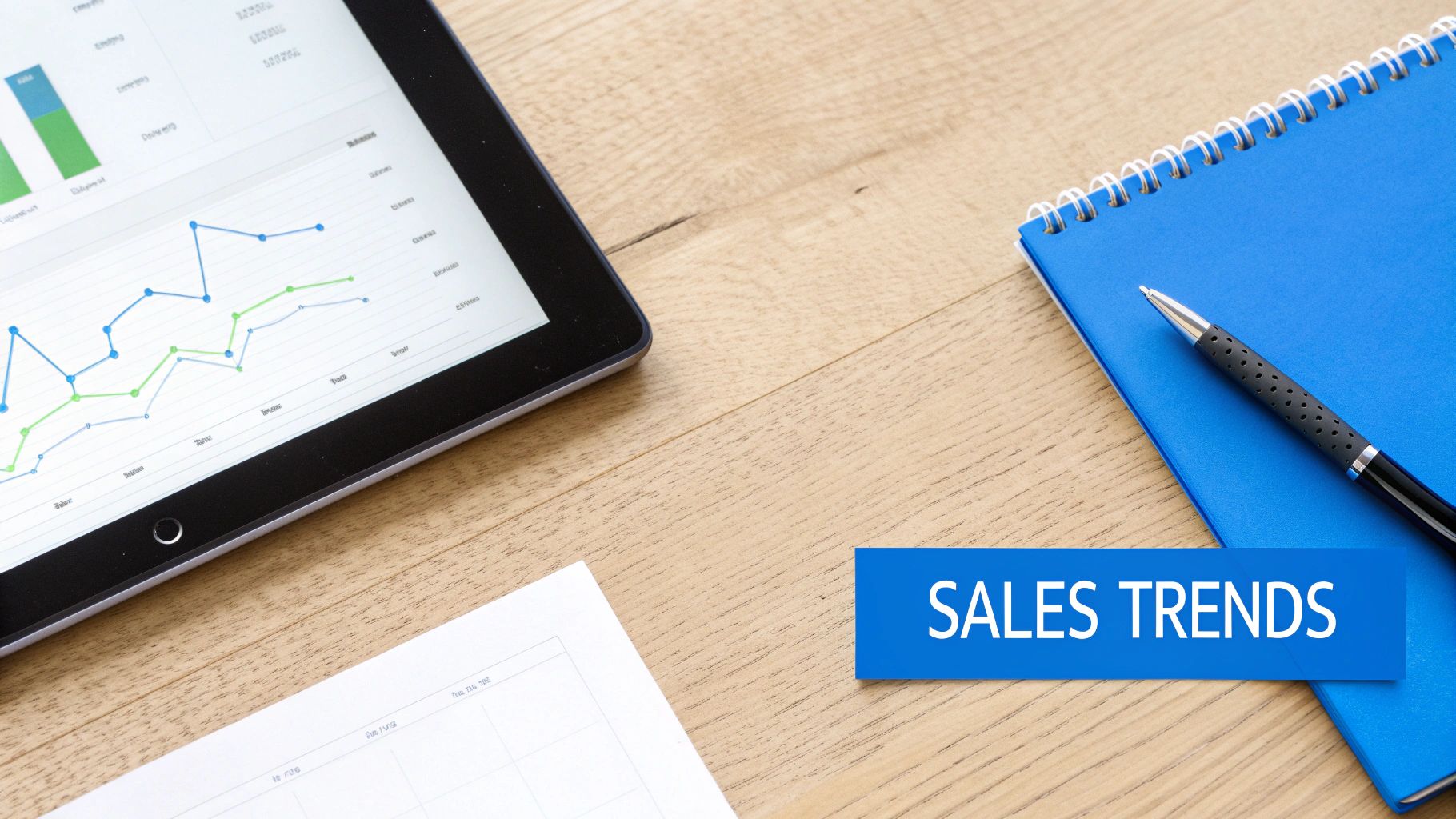 A business flat lay showing a tablet with sales trend charts, a blue notebook, and a pen on a wooden table.
