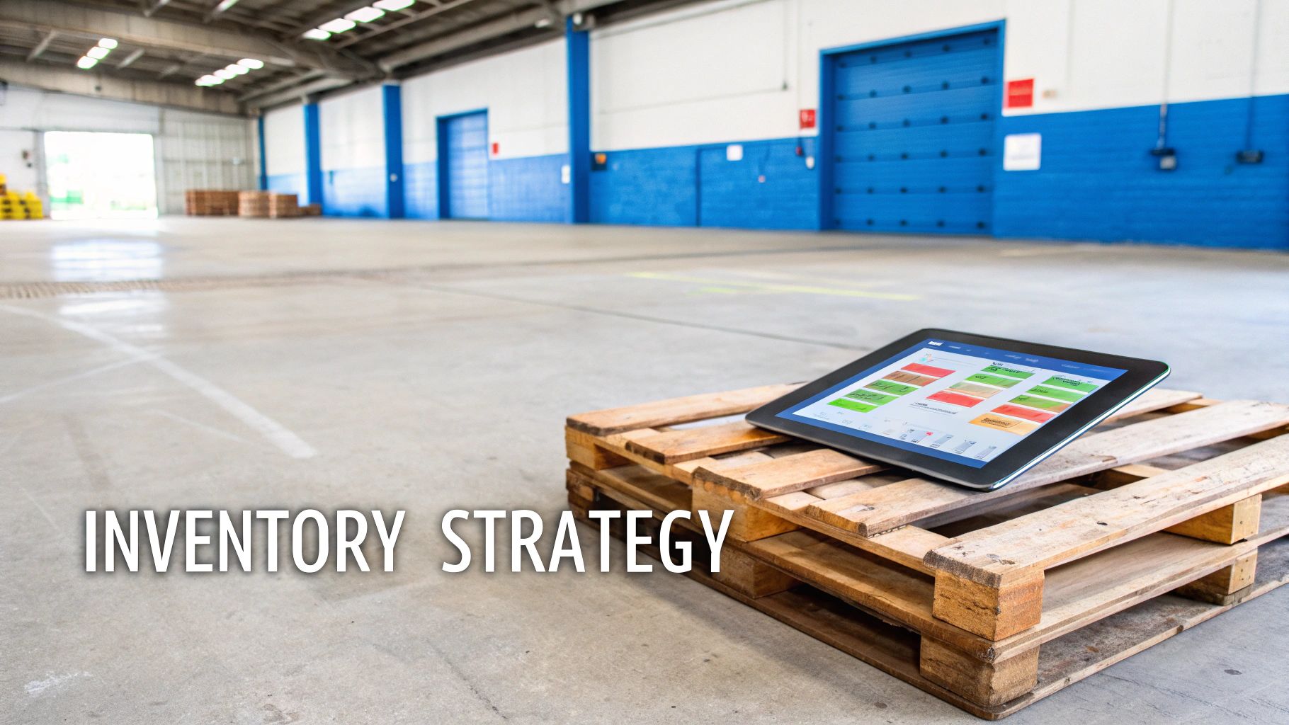 Tablet with inventory management software resting on a wooden pallet in a clean warehouse.