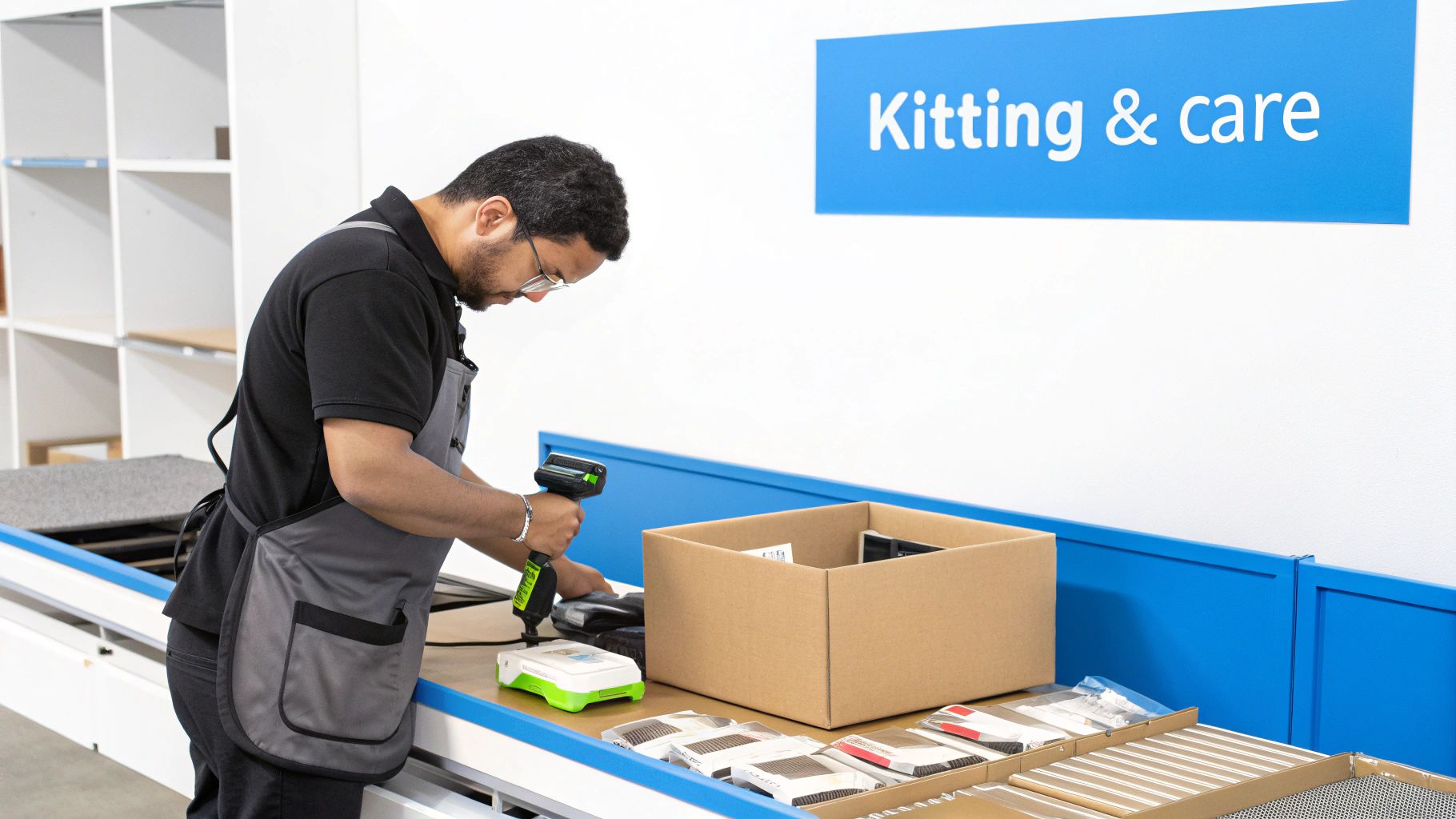 A man in an apron scans items at a fulfillment station with a 'Kitting & care' sign.