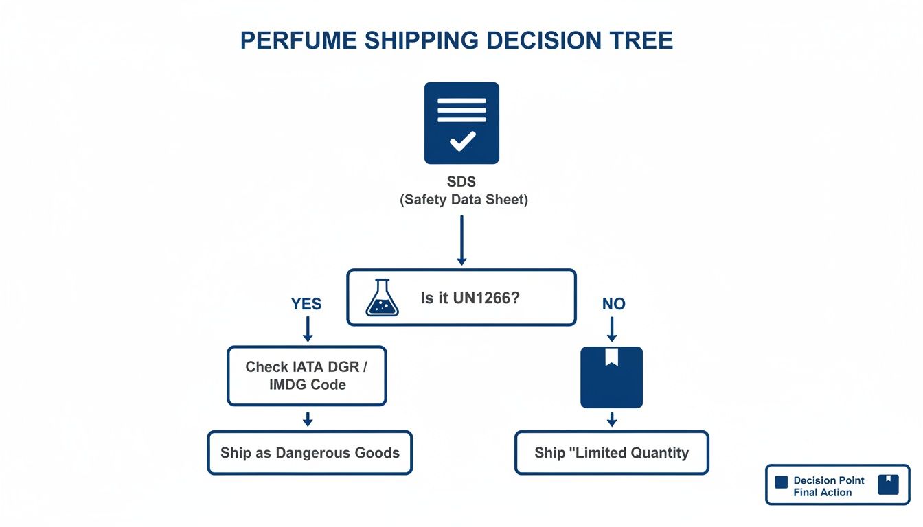 A perfume shipping decision tree flowchart detailing steps based on UN1266 classification for dangerous goods.