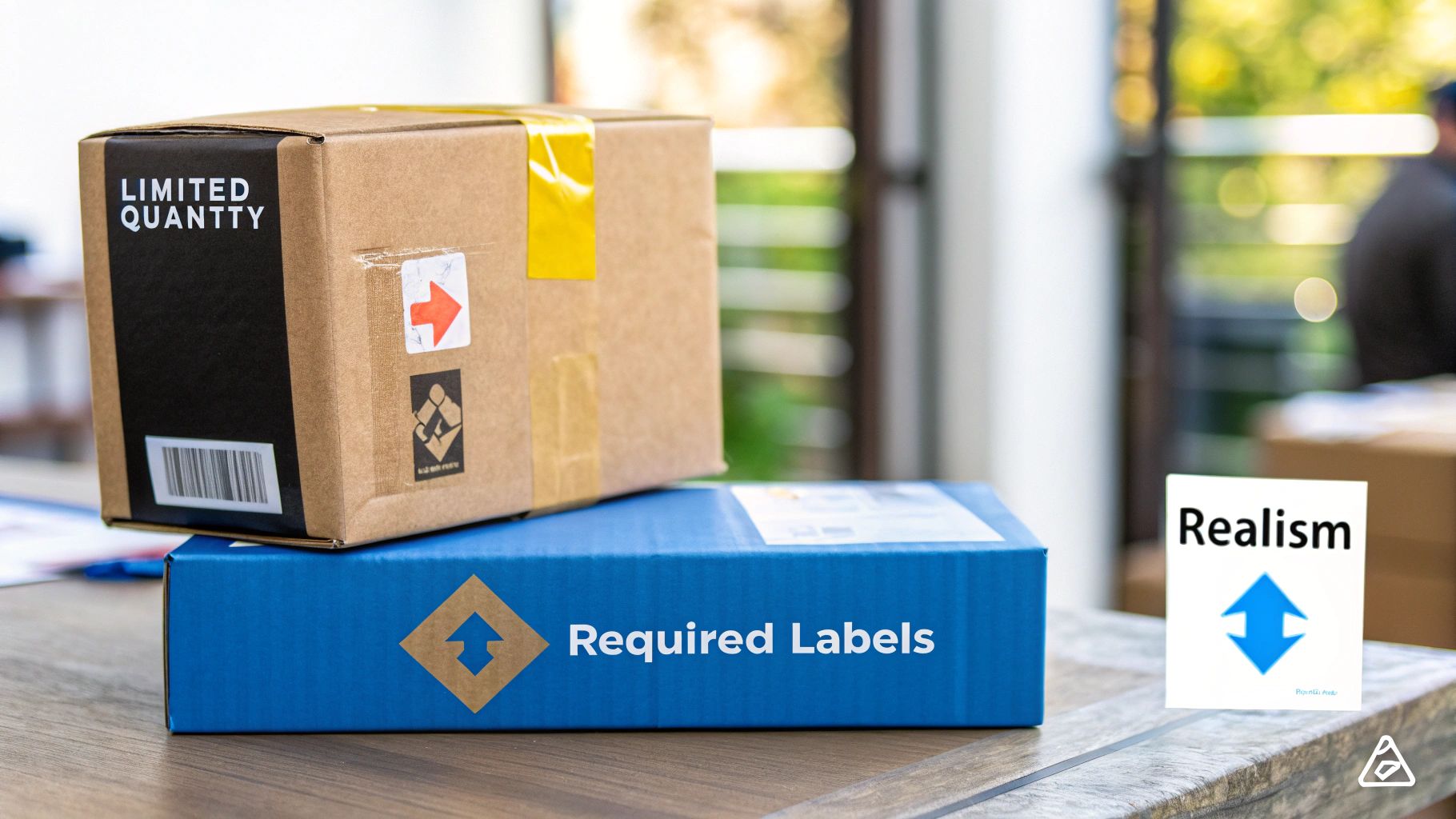 Two shipping boxes, one brown with 'LIMITED QUANTITY' and one blue with 'Required Labels', on a wooden table.