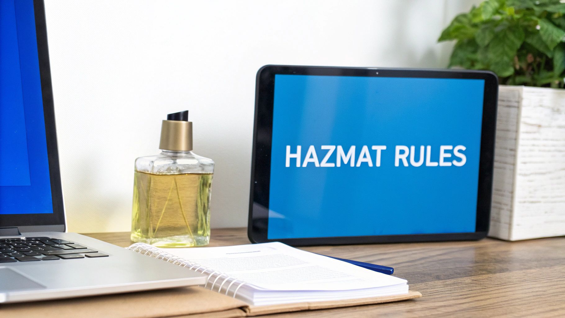A desk with a laptop, a cologne bottle, and a tablet displaying 'HAZMAT RULES'.