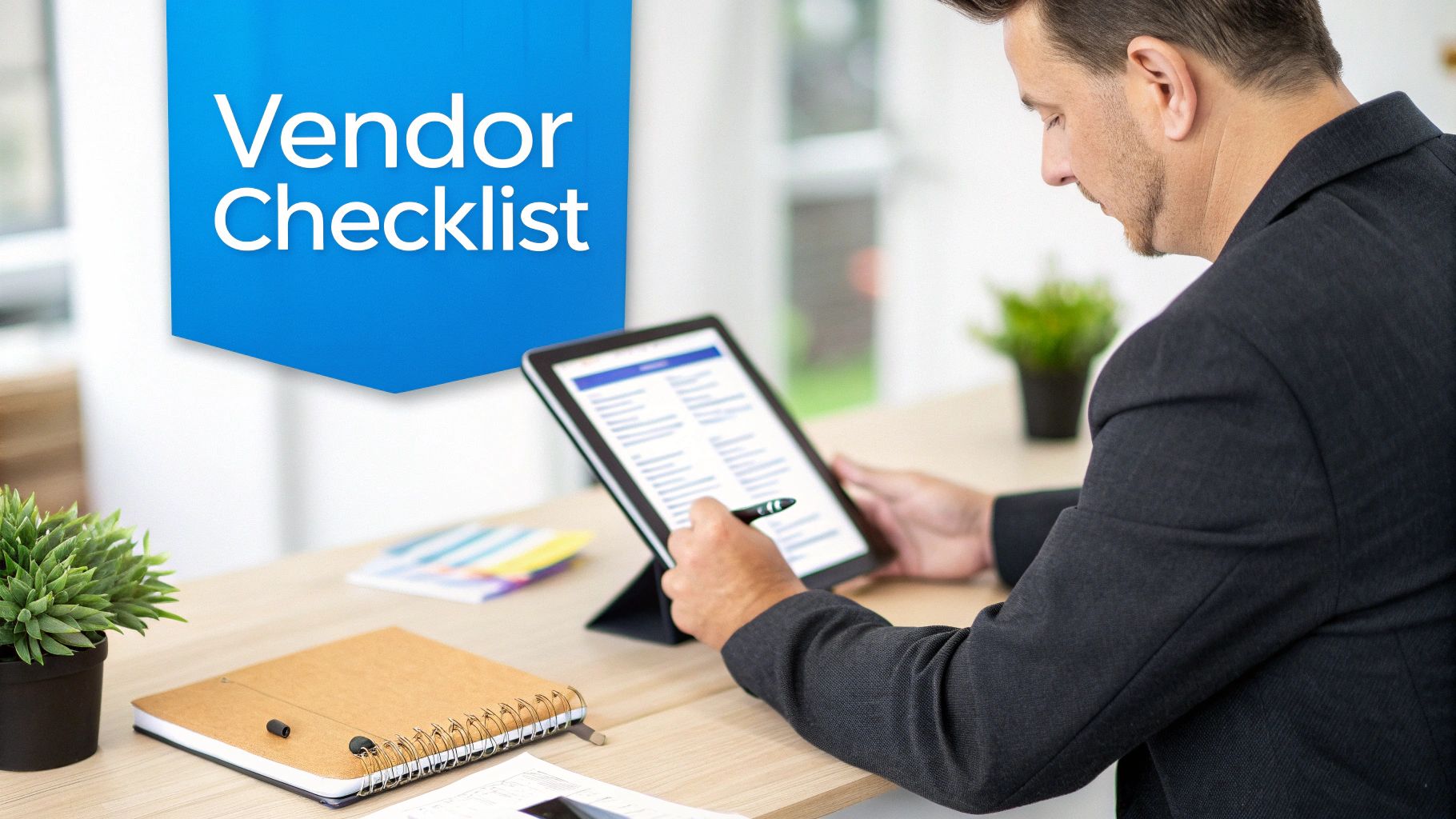 A man in a suit reviews a vendor checklist on a tablet using a stylus at a desk.