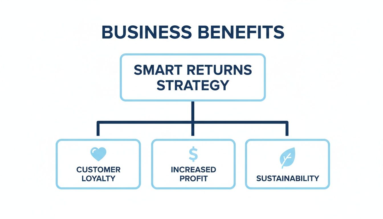 A diagram illustrating the business benefits of a smart returns strategy, including customer loyalty, increased profit, and sustainability.