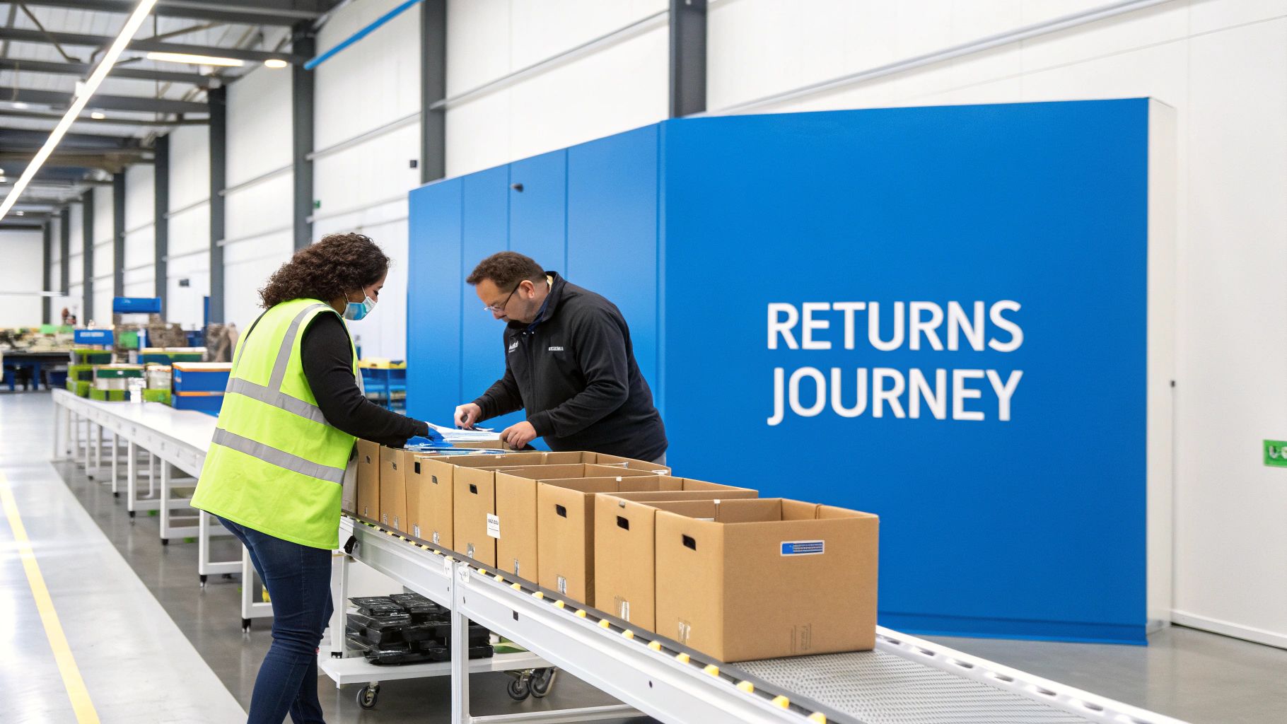 Two warehouse workers process items on a conveyor belt, with a 'Returns Journey' sign behind them.