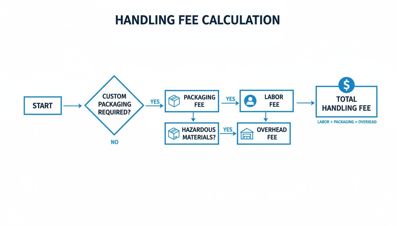 A flowchart detailing the handling fee calculation process, including custom packaging, labor, and overhead.