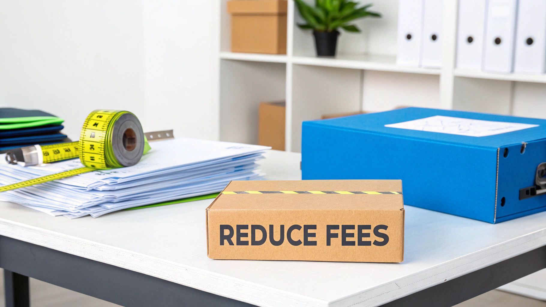 A desk with a cardboard box labeled 'REDUCE FEES', a measuring tape, and documents, suggesting cost reduction.