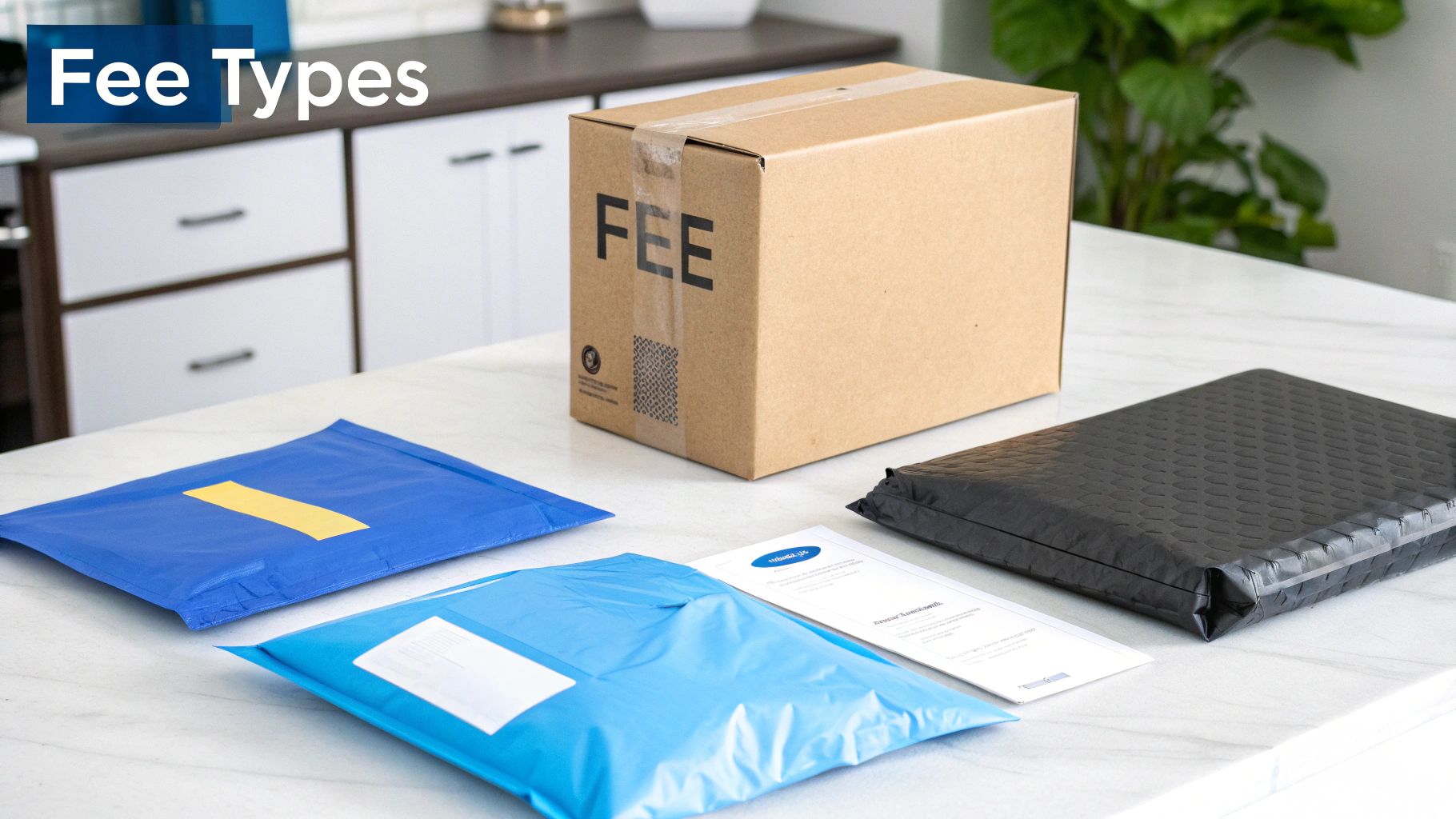 A cardboard box labeled 'FEE' and different colored shipping packages on a table.