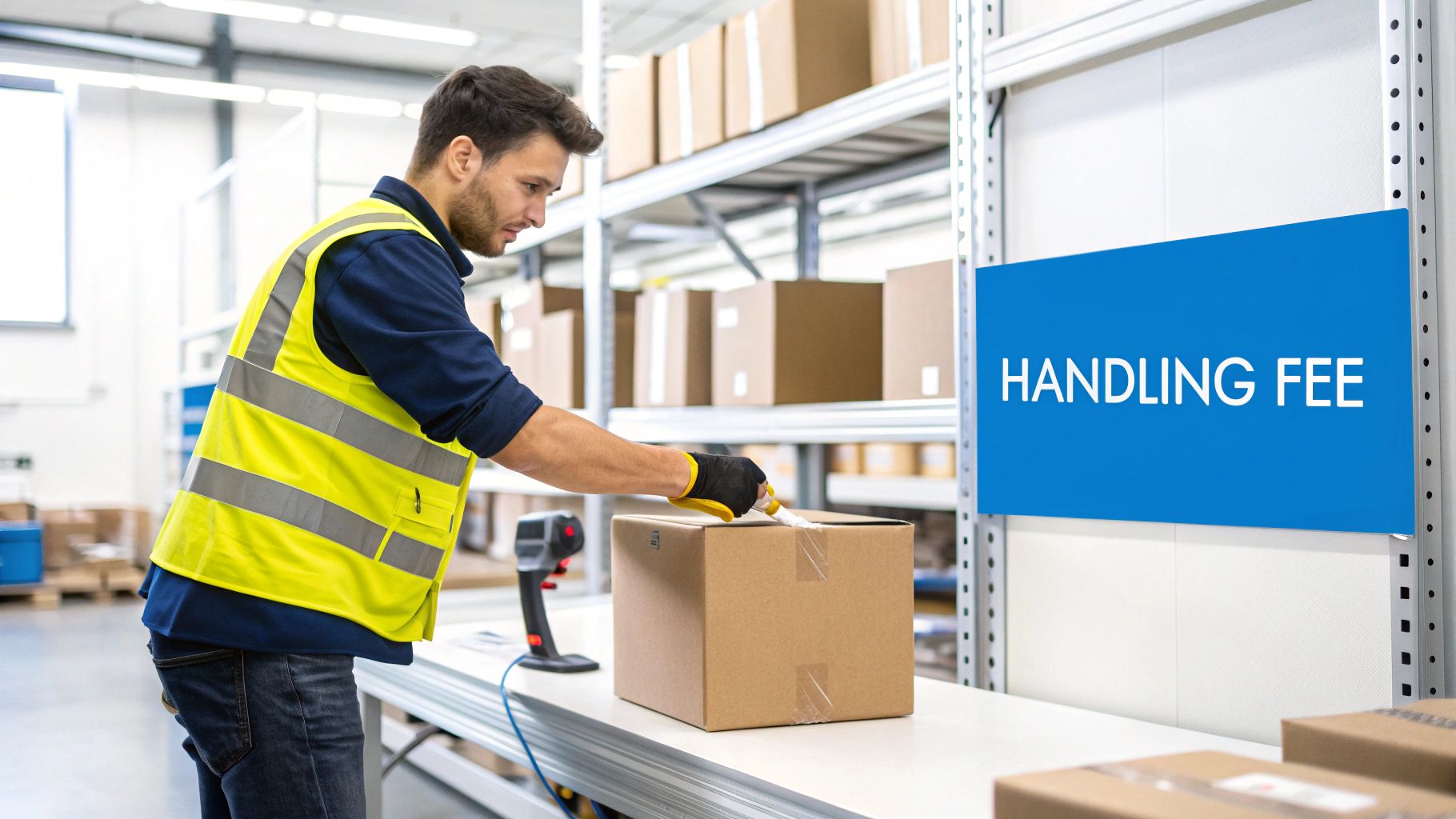 Warehouse worker handling a package on a table, with a 'HANDLING FEE' sign in the background.