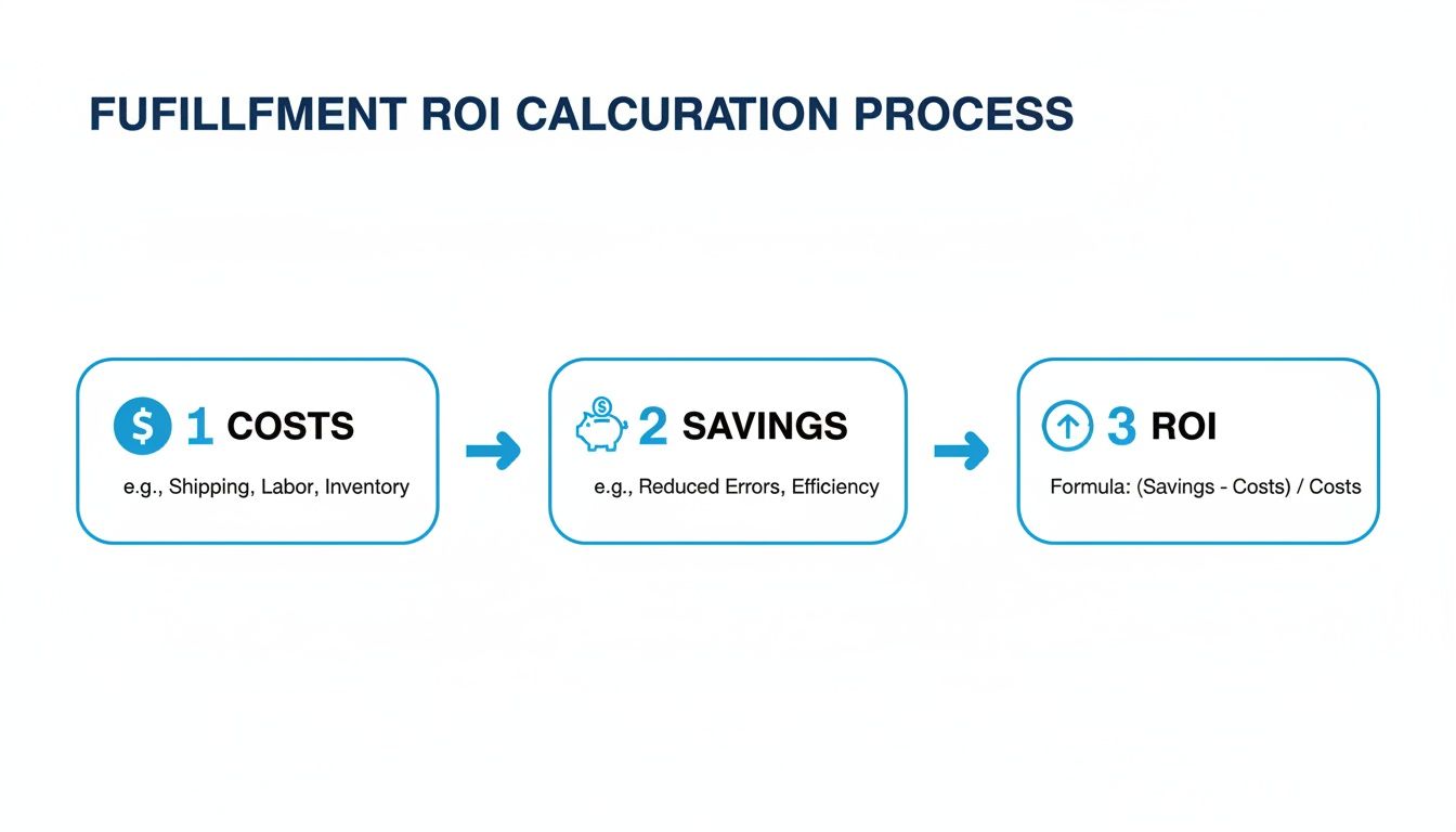A diagram illustrating the fulfillment ROI calculation process, detailing costs, savings, and the ROI formula.