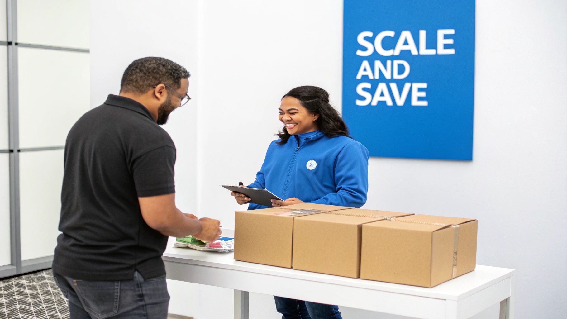 Two people smiling, one hands documents to another next to cardboard packages, with a 'SCALE AND SAVE' sign.