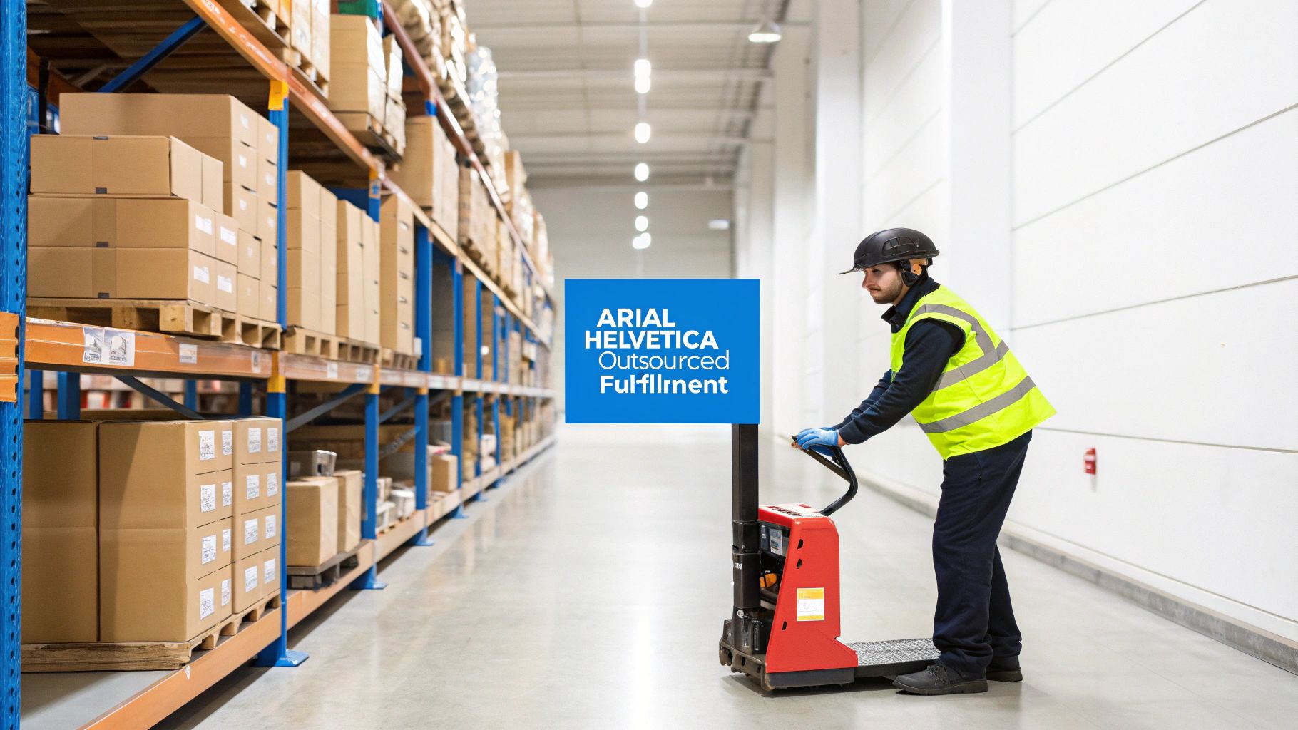 A warehouse worker wearing a helmet and high-visibility vest operates a pallet jack amidst shelves of boxes.