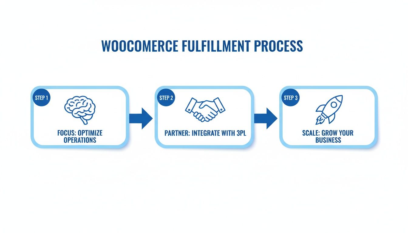 WooCommerce fulfillment process diagram outlining three steps: optimize operations, integrate with 3PL, and grow your business.
