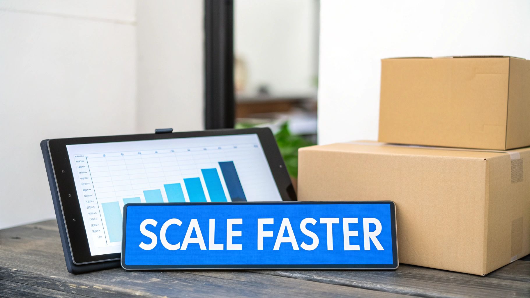 A tablet displays a bar graph for growth next to a 'SCALE FASTER' sign and two shipping boxes.