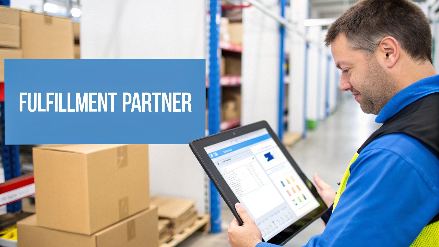 A warehouse worker in a blue shirt and vest uses a tablet in a fulfillment center.