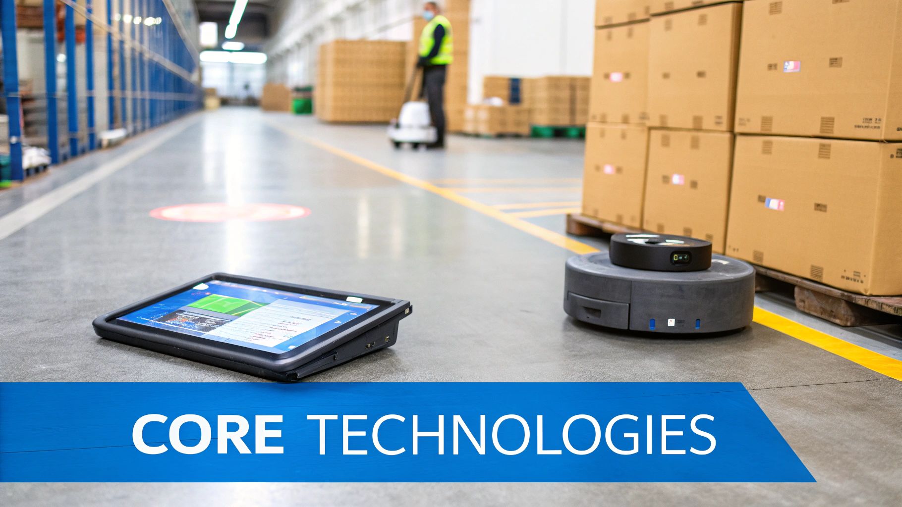 A modern warehouse scene featuring a tablet, an autonomous robot, and a worker amidst stacked boxes.